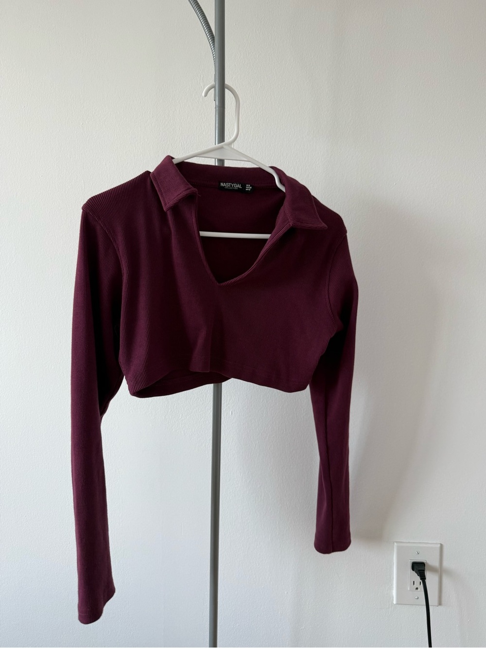 Nasty Gal Wine Cropped Collared Long Sleeve Top